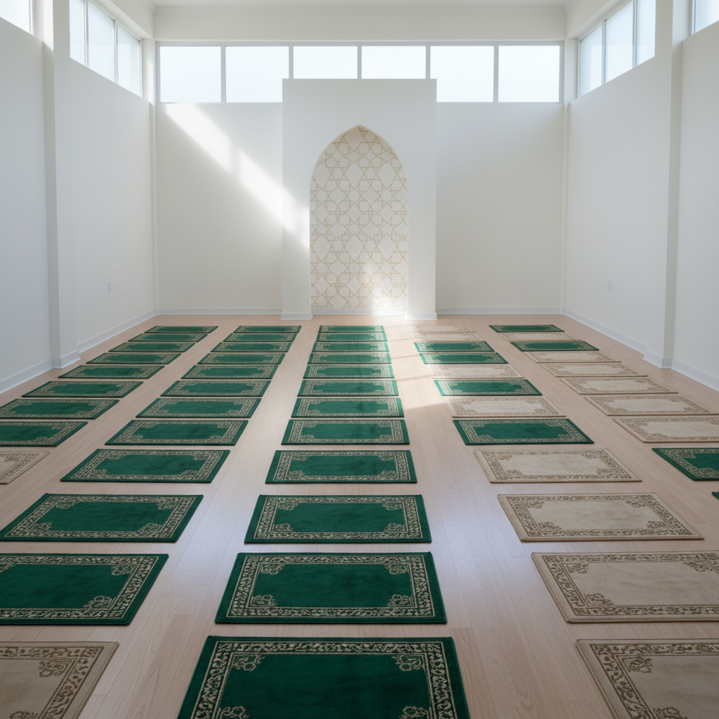 A serene school prayer room designed for children, with parallel rows of small, identical prayer rugs in shades of emerald and soft beige aligned perfectly on a spotless floor. At the front, a simple mihrab niche is integrated into a white wall, accented with subtle geometric patterns in light gold. Natural daylight filters through high frosted windows, creating gentle beams that fall diagonally across the rugs, suggesting tranquility and focus. Photographic realism, eye-level composition with strong leading lines drawing the viewer toward the mihrab, evoking a peaceful, respectful atmosphere where students can nurture spiritual discipline alongside their academic growth.