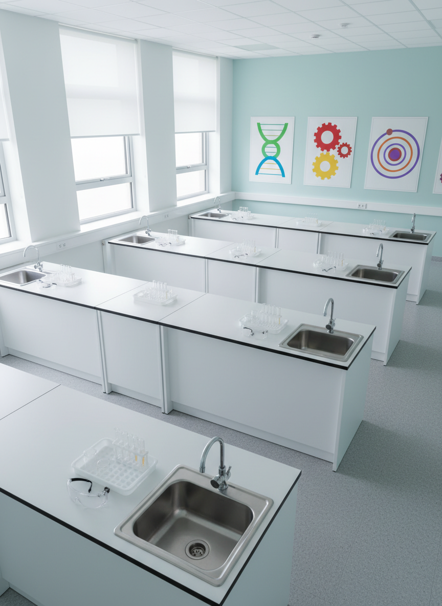 A tidy science lab tailored for upper-primary students in a Muslim school, with sturdy white lab benches arranged in rows and neatly organized plastic trays of beakers, test tubes, and safety goggles at each station, all unused. Posters made of simple shapes and diagrams decorate the walls without text, hinting at biology and physics topics. Large side windows admit soft overcast daylight, which reflects gently off stainless steel sinks and glossy bench surfaces, creating subtle highlights. Photographic realism, shot from a slightly elevated corner to show depth and structure, with a bright, optimistic mood that suggests hands-on learning and future Muslim professionals in STEM, without showing any people.