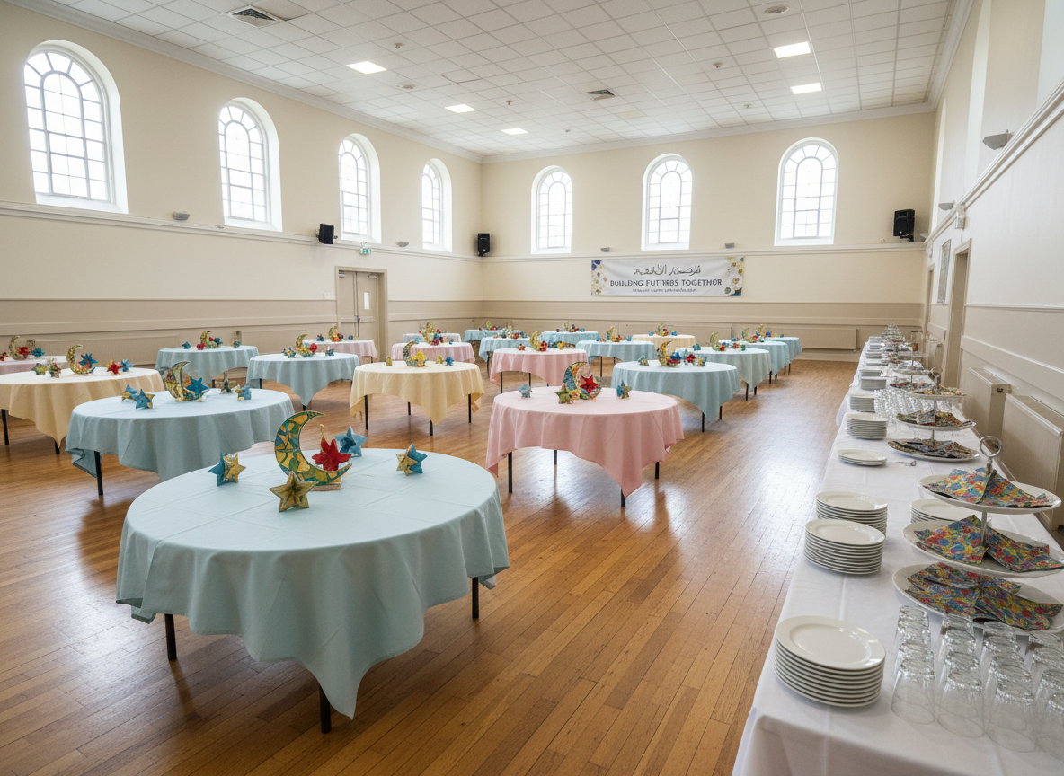 A multipurpose school hall arranged for a cheerful parent–teacher community gathering, without any people present. Round tables draped in light pastel cloths are evenly spaced across a glossy wooden floor, each table topped with colorful paper centerpieces shaped like stars and crescents. Along one wall, a simple refreshments area displays neatly arranged trays and cups, all unused. Bright ceiling lights combine with daylight from high windows to produce clear, even illumination. Photographic realism, captured from a wide-angle perspective that emphasizes openness and inclusivity, with a warm, welcoming mood that reflects strong collaboration between families and educators in a Muslim professional context.