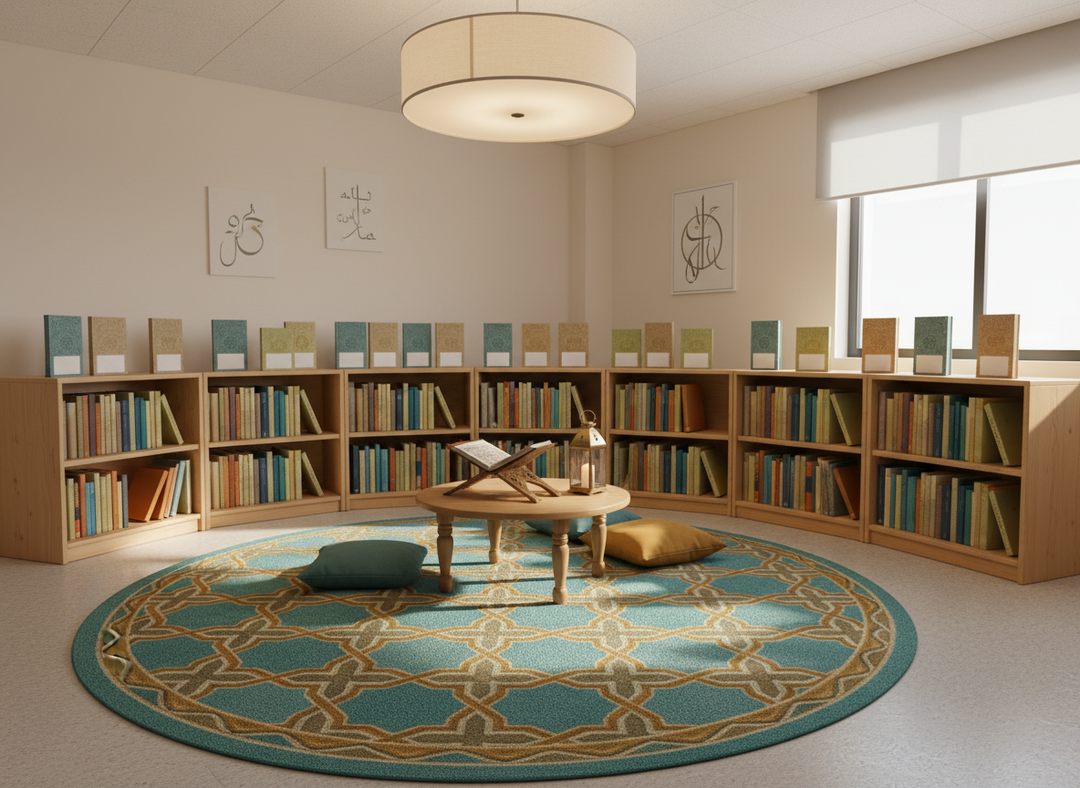 A cozy Islamic studies corner in a modern classroom, featuring a low circular rug with geometric patterns in teal and gold, surrounded by low wooden bookshelves filled with neatly arranged, text-free book spines in harmonious colors. In the center of the rug, a small round table holds a decorative, closed Qur’an stand and a simple brass lantern, unlit but reflective. Diffused overhead lighting and gentle daylight from a nearby window create a calm, contemplative glow. Photographic realism, shot from a slightly elevated angle with balanced composition, conveying a serene yet playful space where young learners can explore faith and character in a nurturing environment.