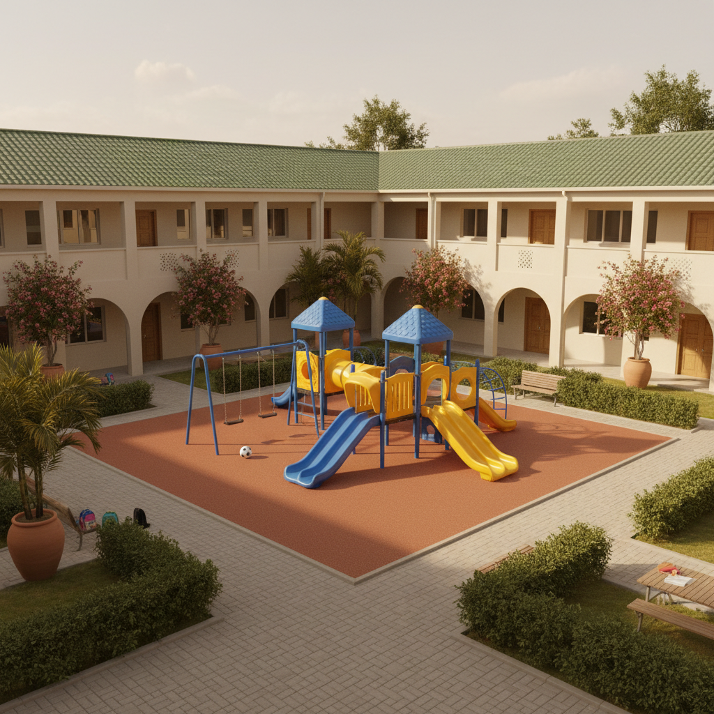 A vibrant school courtyard designed for a Muslim youth community, centered on a small, well-kept playground with bright blue and yellow climbing structures and a safe rubberized surface. Surrounding the play area, low school buildings with clean, cream-colored walls and green-topped roofs form a protective, welcoming ring. Lush potted plants and neatly trimmed shrubs add natural texture. Late afternoon sunlight creates a golden hour glow, with long, soft shadows stretching across the open space. Photographic realism, captured from a slightly elevated angle to show the full layout, with a joyful, communal atmosphere that suggests active, wholesome student life without depicting any people.