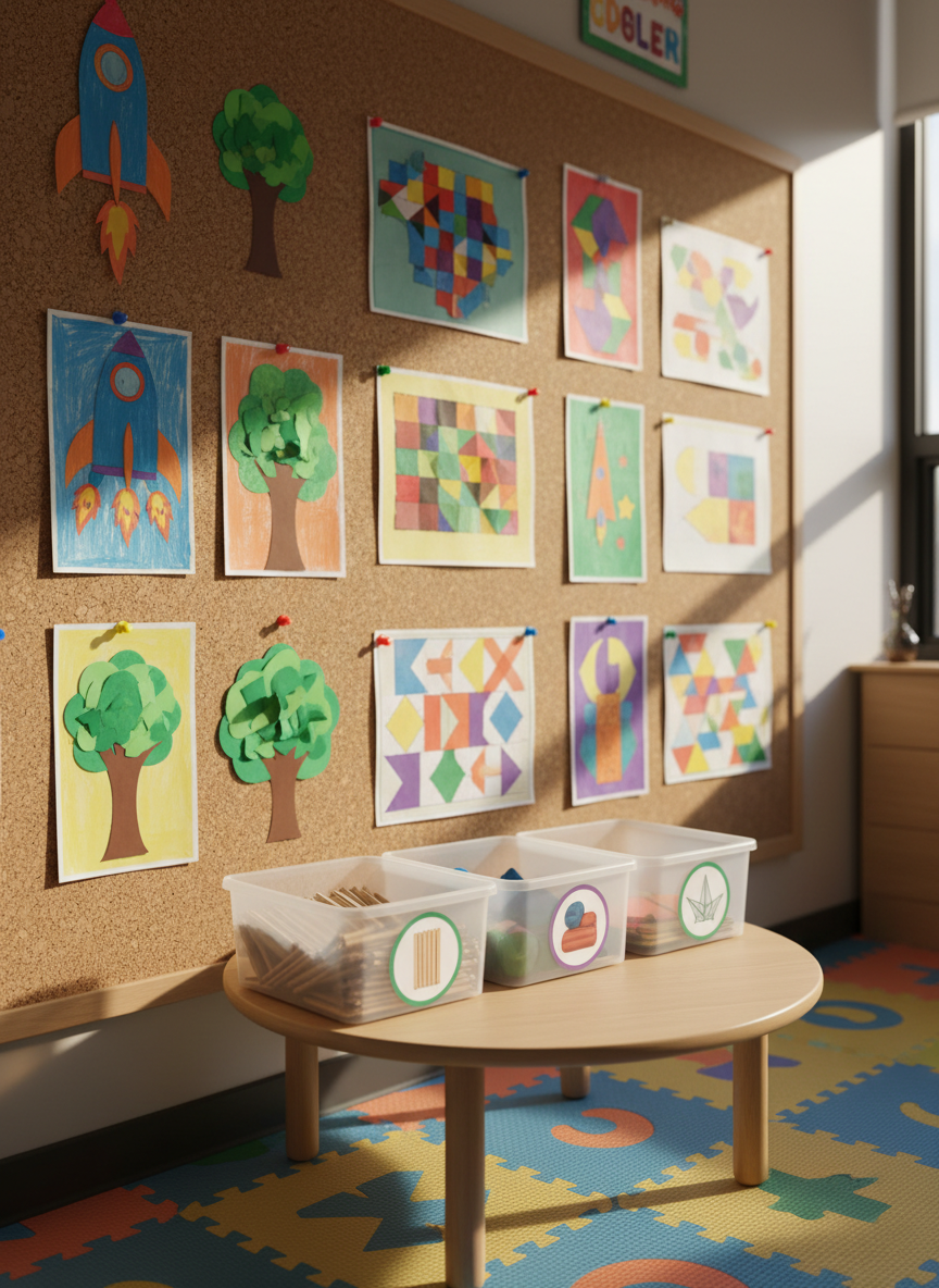 A colorful project-based learning corner in a primary classroom, with a large corkboard covered in neat, text-free student artwork made of construction paper, showing rockets, trees, and abstract geometric patterns. Below, a low table is carefully arranged with labeled storage bins using icons only, containing craft sticks, clay, and bright origami paper. The floor is covered with interlocking foam mats in playful, coordinated colors. Soft, diffused afternoon light from a nearby window illuminates the textures of the paper and wood, casting gentle, cozy shadows. Photographic realism, captured at a slightly low angle to emphasize creativity and accessibility, with an energetic, playful mood that supports holistic development for young Muslim learners.