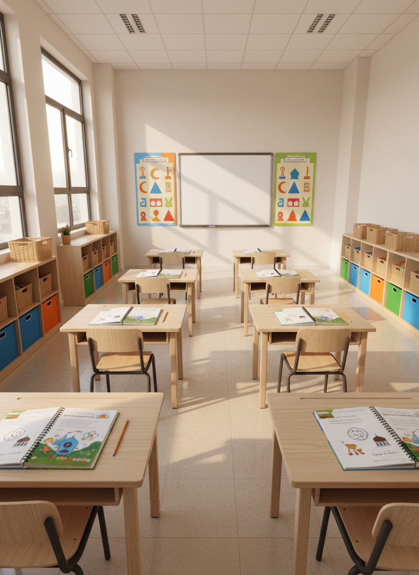 A bright, well-organized primary school classroom tailored for Muslim youth, with neat rows of low wooden desks and colorful storage cubbies along the walls. On each desk, open illustrated books about science and faith lie beside sharpened pencils and tidy notebooks. Large windows let in soft morning sunlight that washes the room in a warm, inviting glow, casting gentle shadows on the polished tiled floor. At the front, a clean whiteboard is flanked by cheerful, text-free charts made of simple shapes and icons. Photographic realism, shot at eye level with sharp focus throughout, creating an energetic yet orderly mood that reflects a playful, values-driven learning environment.